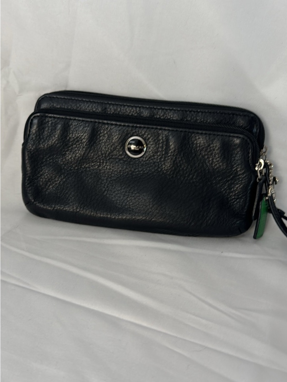Coach Black Pebbled Leather Wristlet with Logo Accent